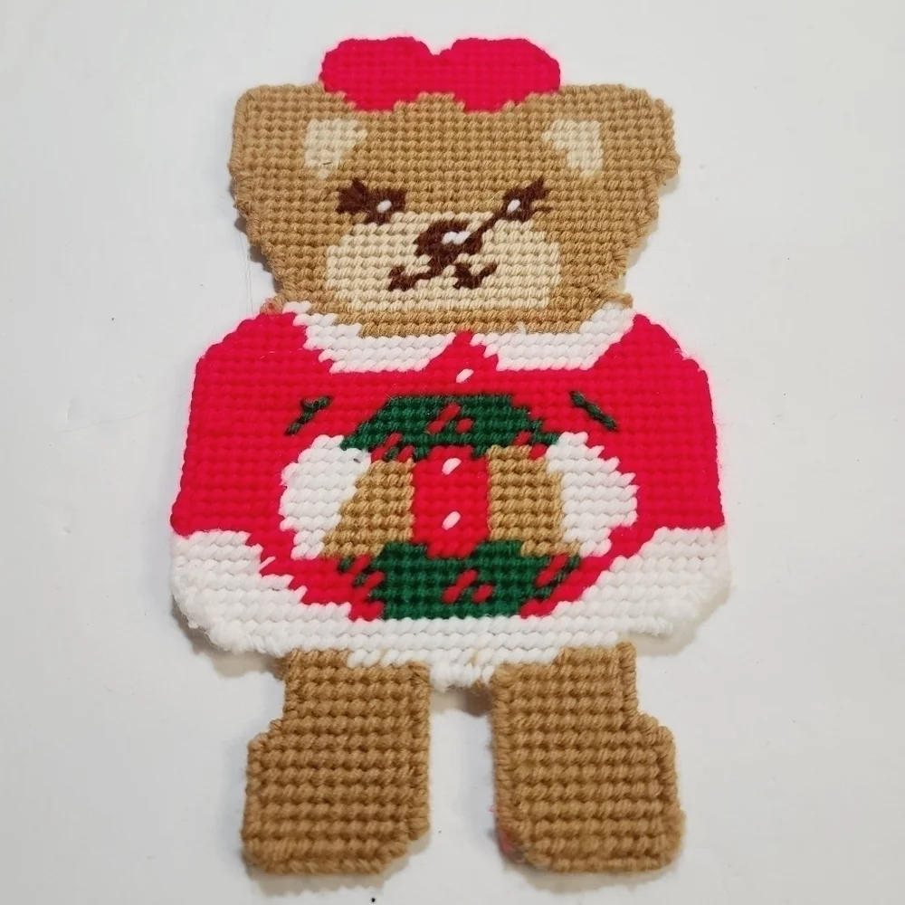 Vintage 80s 90s Kawaii Teddy Bear Yarn Stitch Christmas Decor